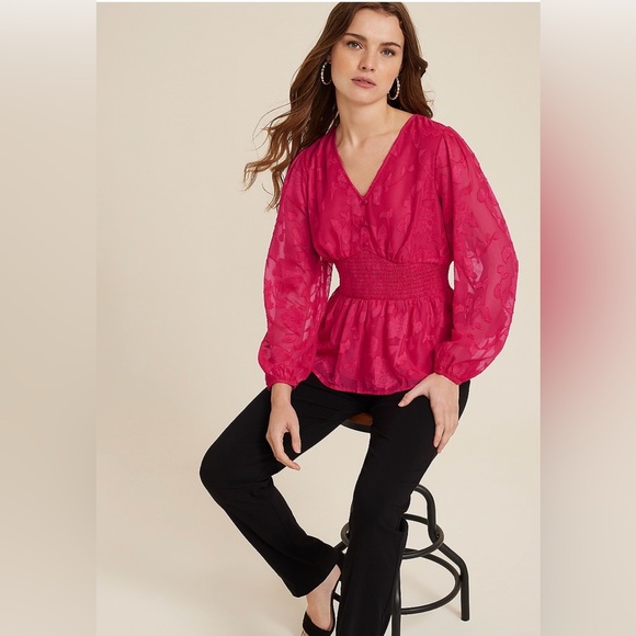 Pink Floral Jacquard Button Front Peplum Blouse, VARIOUS SIZES - Picture 3 of 4